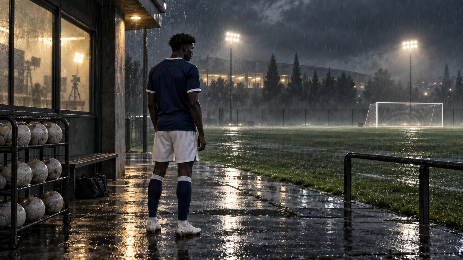 A fictional young striker waiting beside an empty training pitch while transfer deadline coverage glows inside a stadium