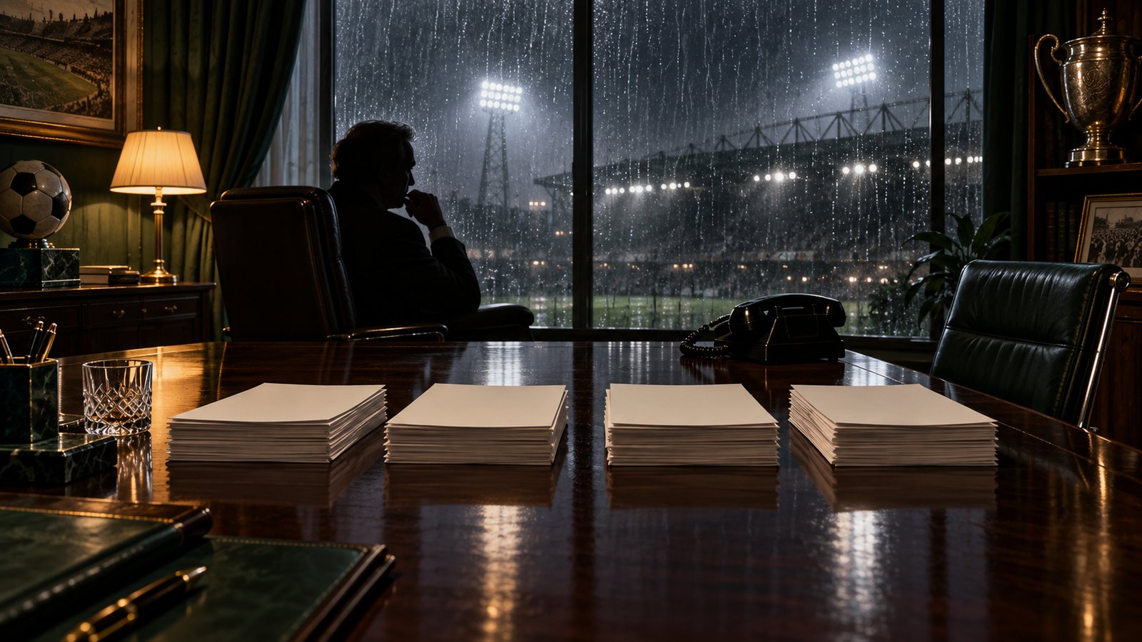 A fictional football chairman alone in a dark boardroom as deadline papers and a silent phone sit on a polished table