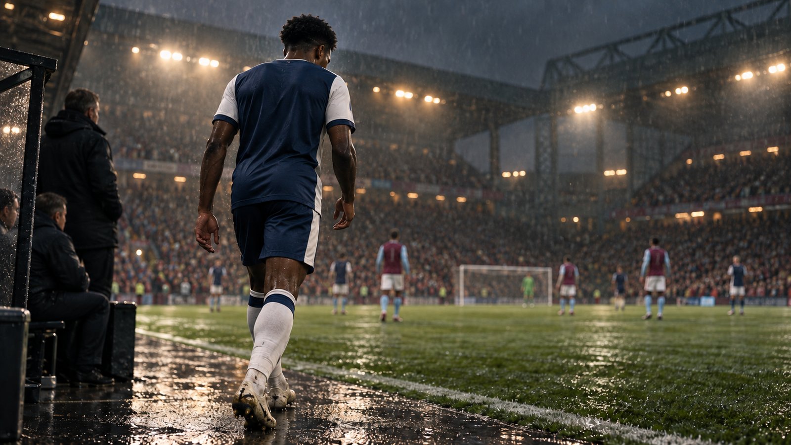 A fictional striker in a plain navy-and-white kit entering a floodlit Midlands derby from the touchline