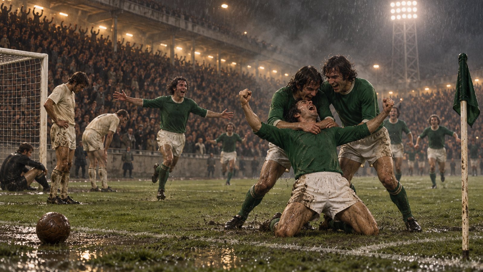 Fictional green-shirted footballers celebrating a European comeback under 1970s floodlights