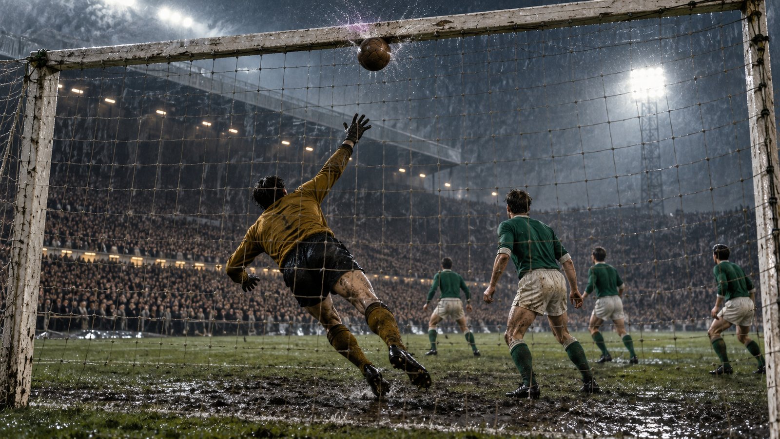 A 1970s European final seen from behind a rectangular wooden goal frame as a shot strikes the crossbar
