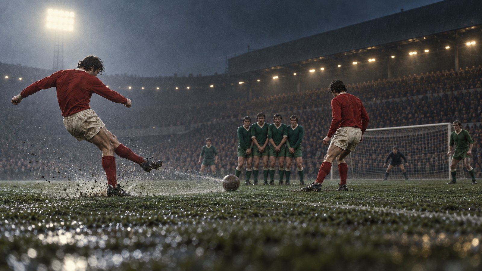 Anonymous footballers in red preparing a short free-kick against a green defensive wall at a 1970s stadium