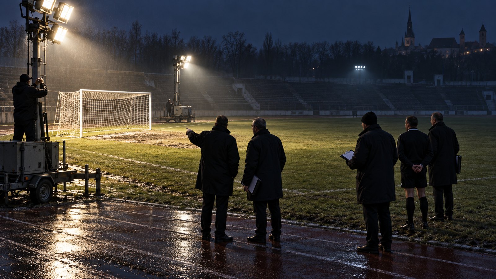 A fictional 1990s international team inspecting temporary low floodlights at an old stadium