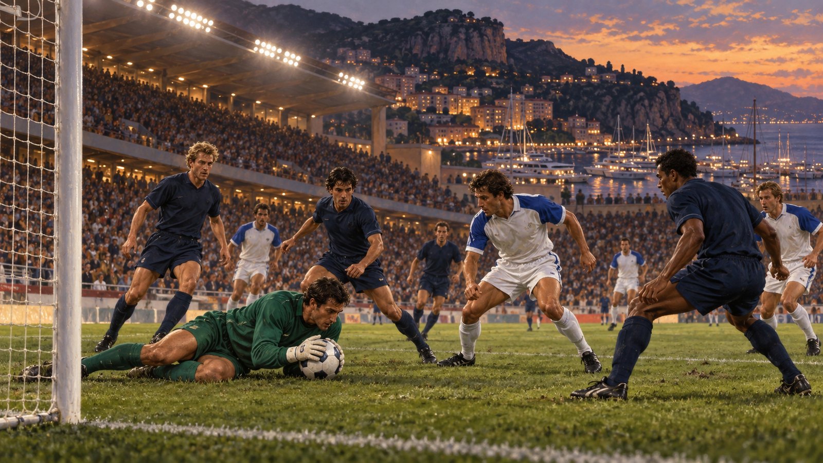 Two fictional 1990s national teams playing a neutral-site night match in Monaco