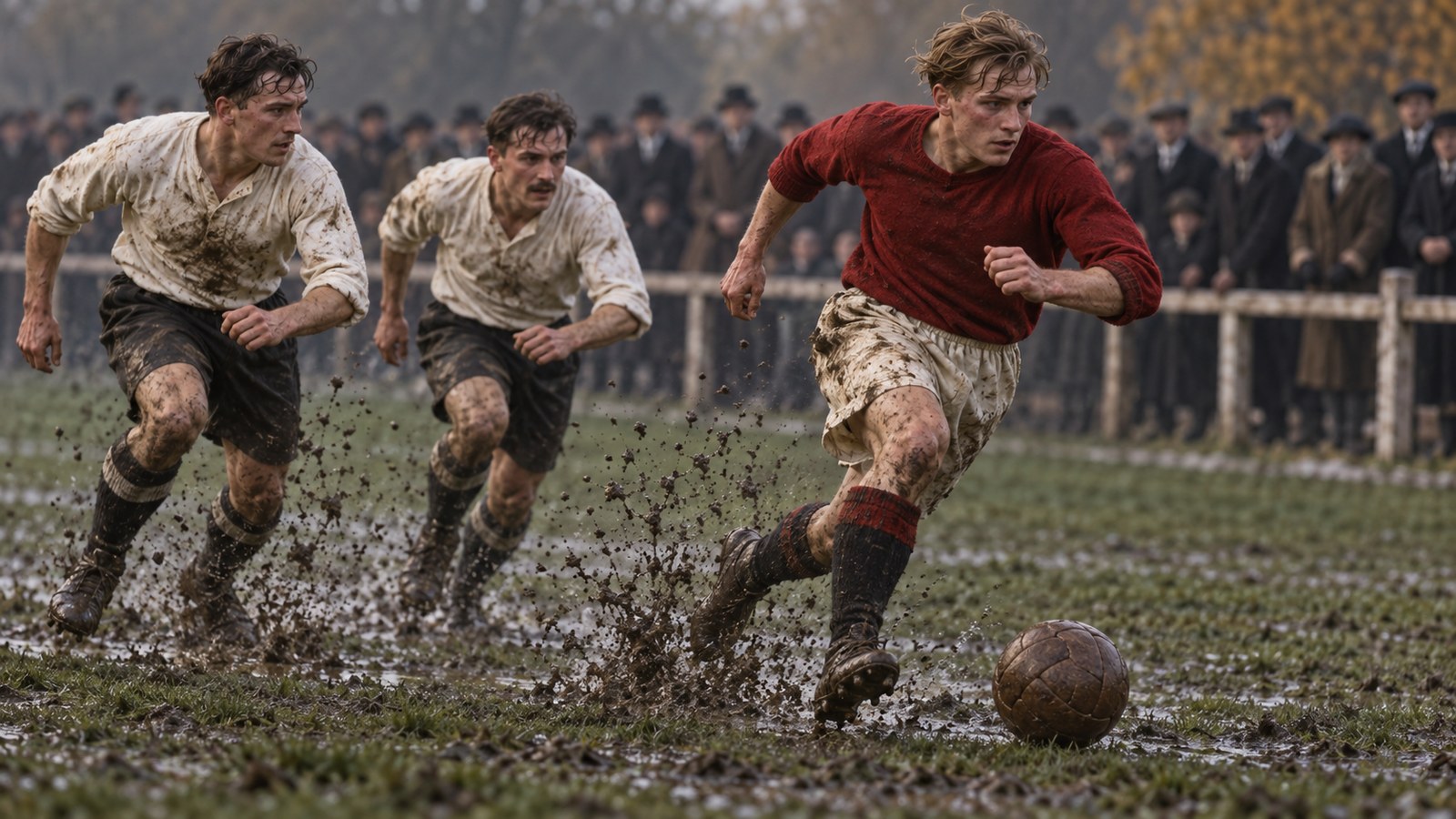An early twentieth-century football forward breaking through on a muddy London pitch