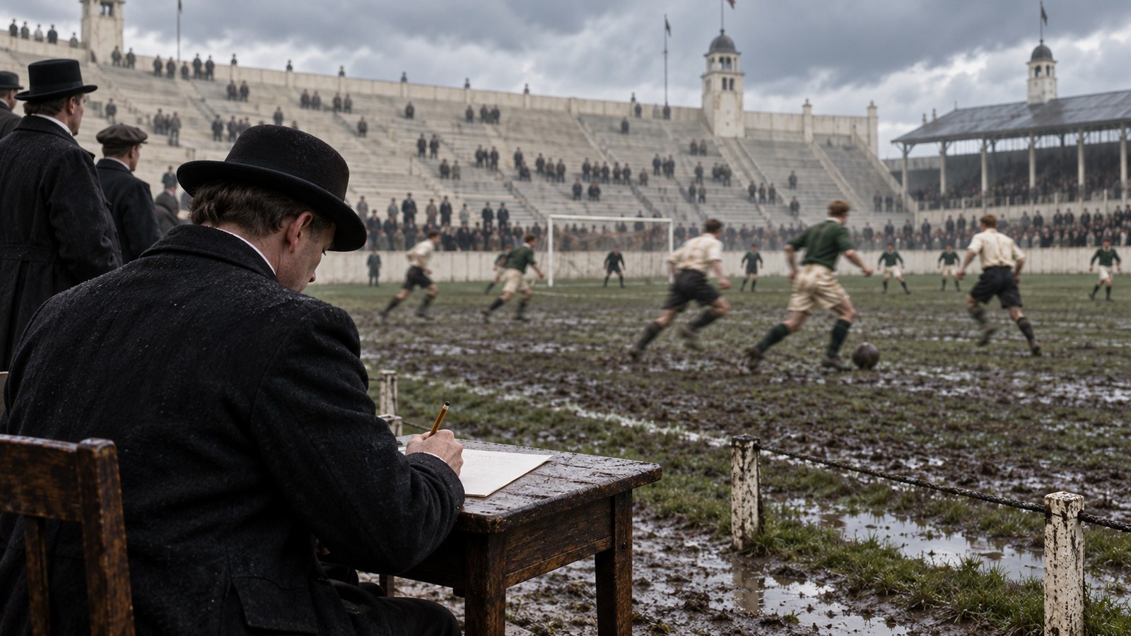 A period football scorekeeper recording repeated goals beside a crowded touchline