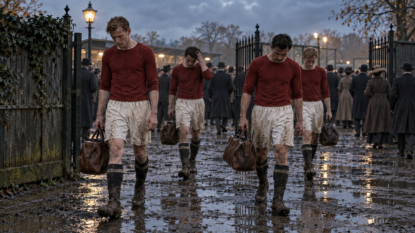 Danish footballers leaving a vast 1908 stadium after an Olympic final