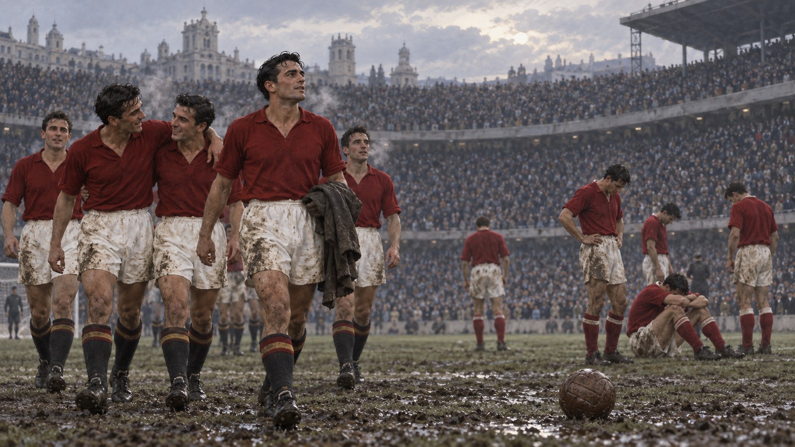 A fictional 1950s Spanish team leaving a Madrid pitch after a convincing qualifying win