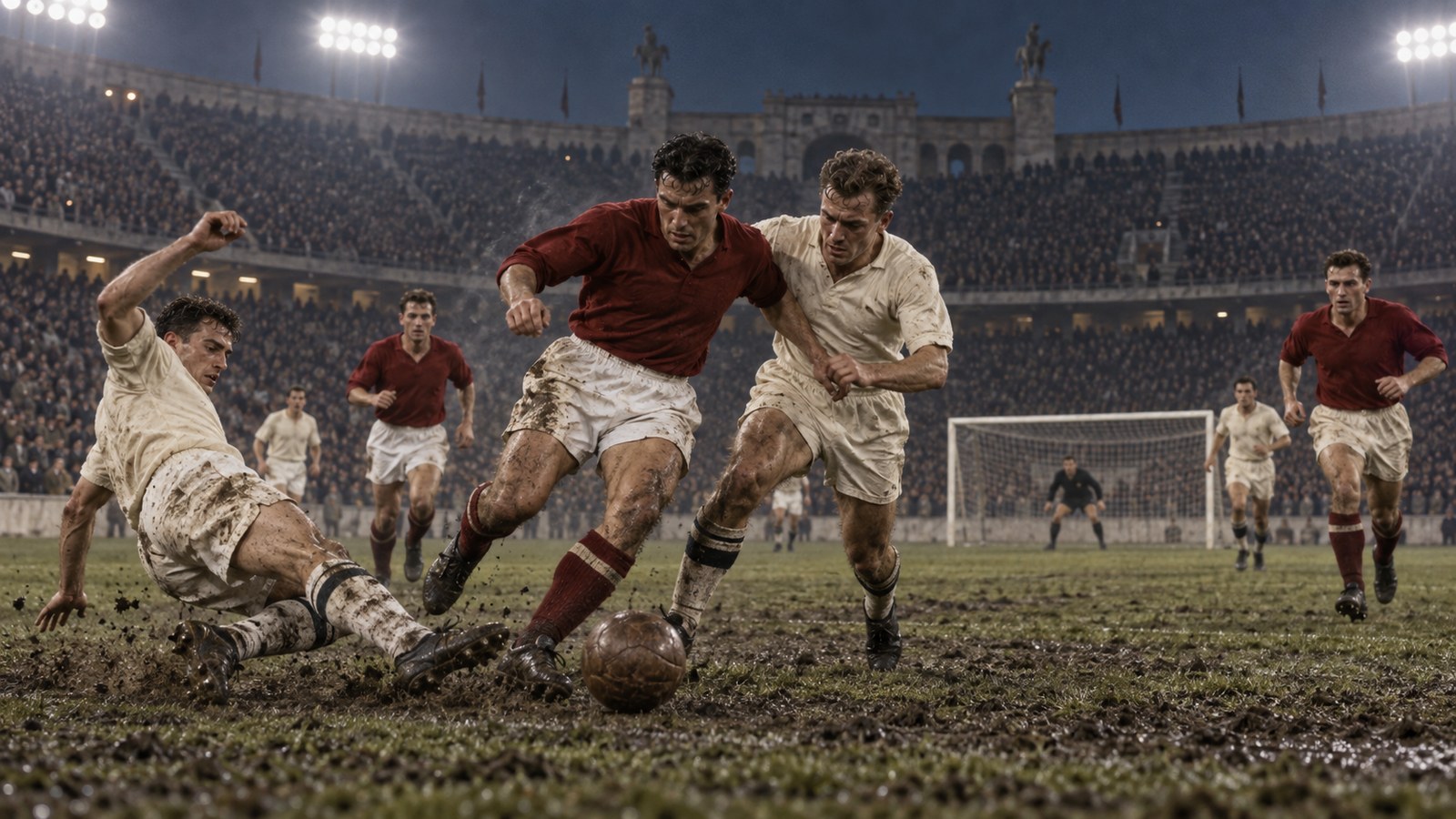 Two fictional 1950s national teams contesting a tense neutral playoff under Rome stadium lights