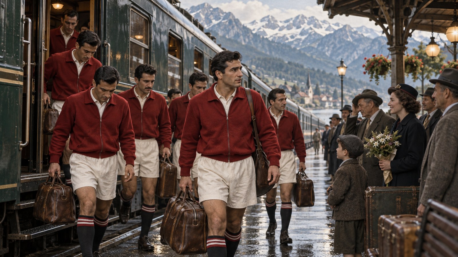 A fictional 1950s Turkish team arriving at a Swiss railway station for its first World Cup