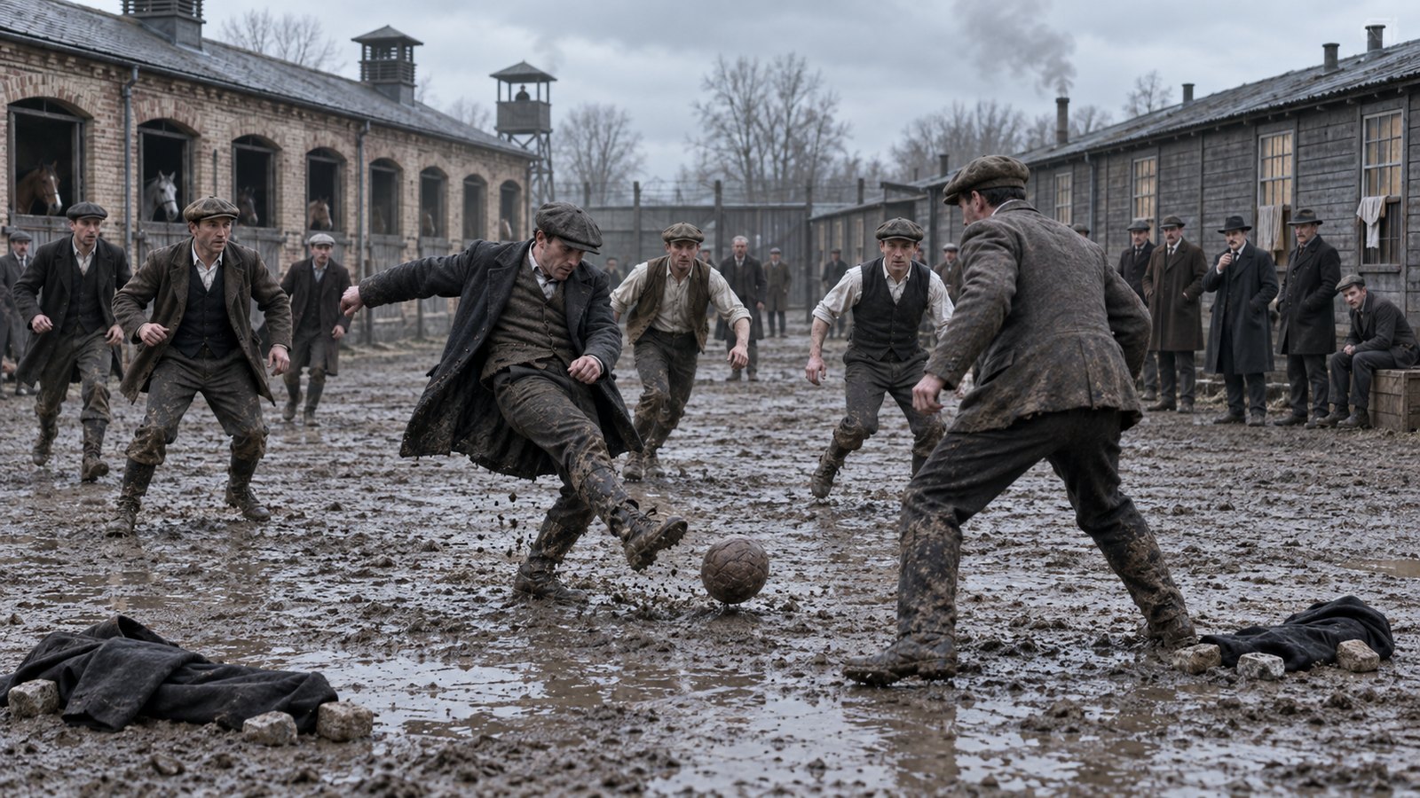 British civilian internees improvising football goals with jackets at Ruhleben racecourse in 1914