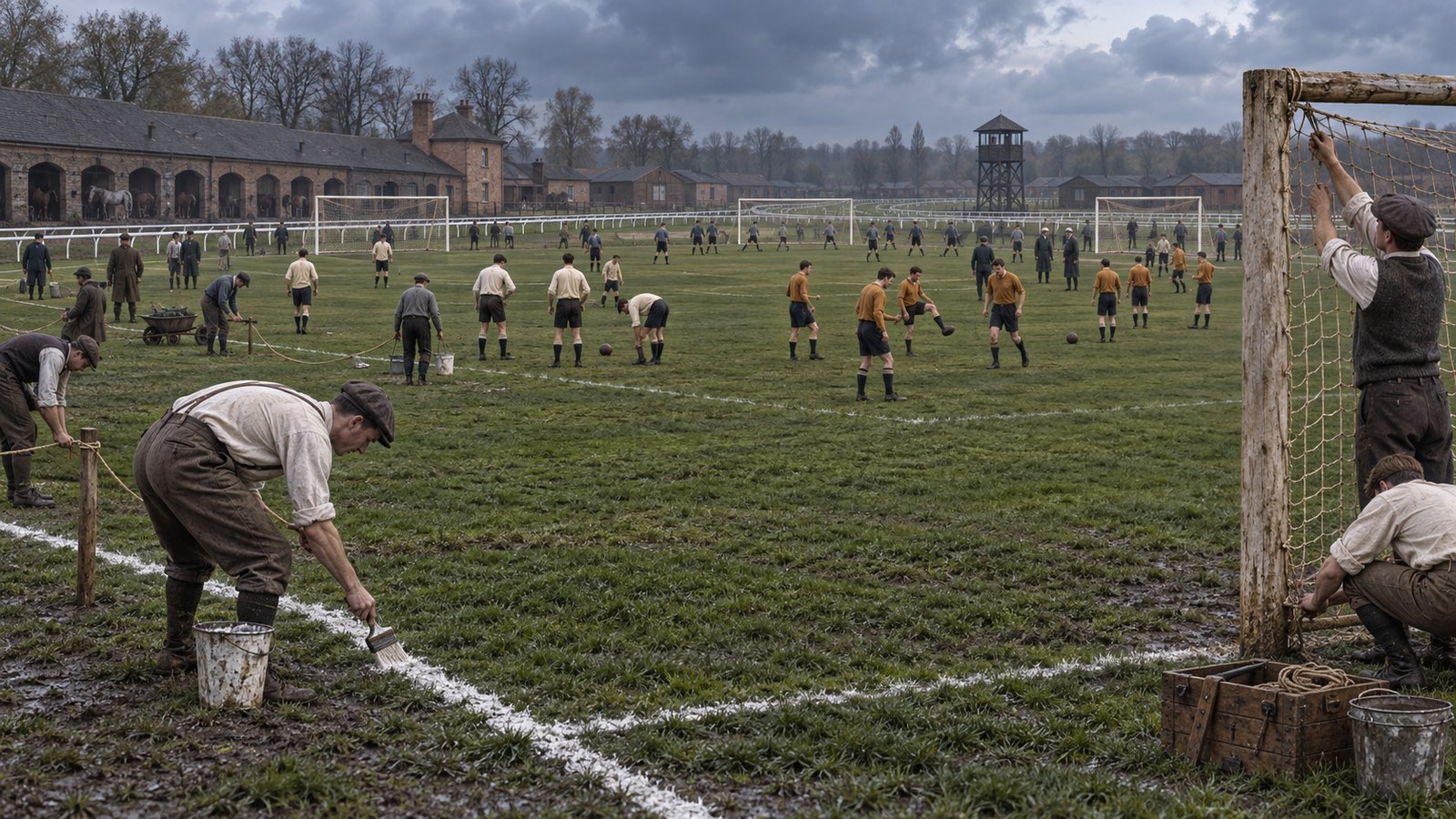 Three marked football pitches and barrack teams inside Ruhleben internment camp in 1915