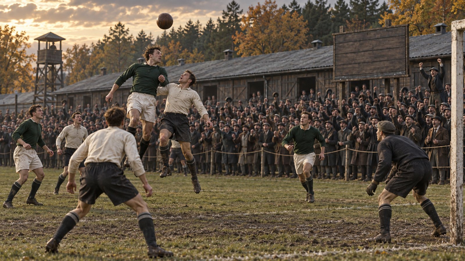 A crowded Ruhleben football match with a noticeboard and converted horse barracks beyond the touchline