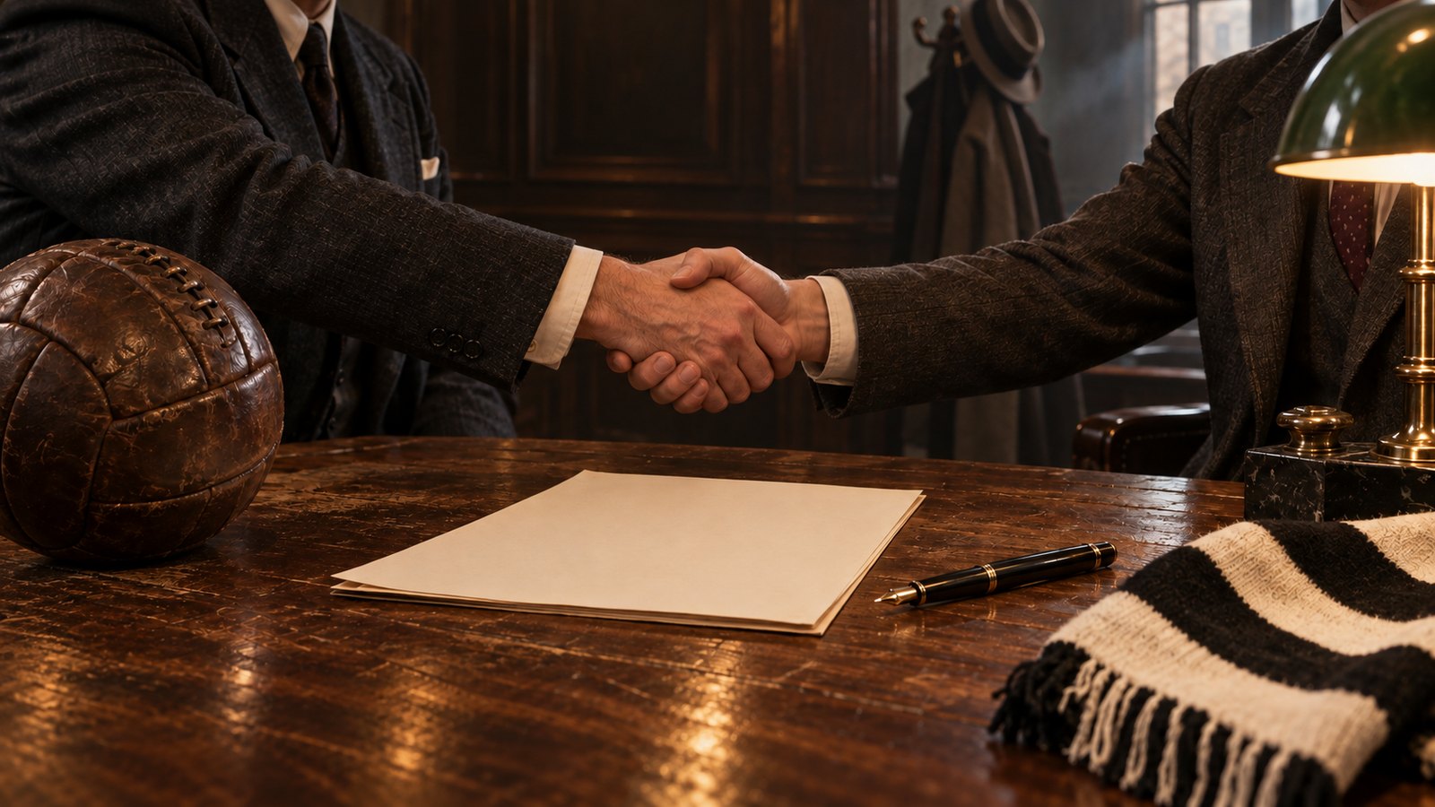 A fictional 1947 football transfer meeting with a contract and railway timetable on a wooden desk