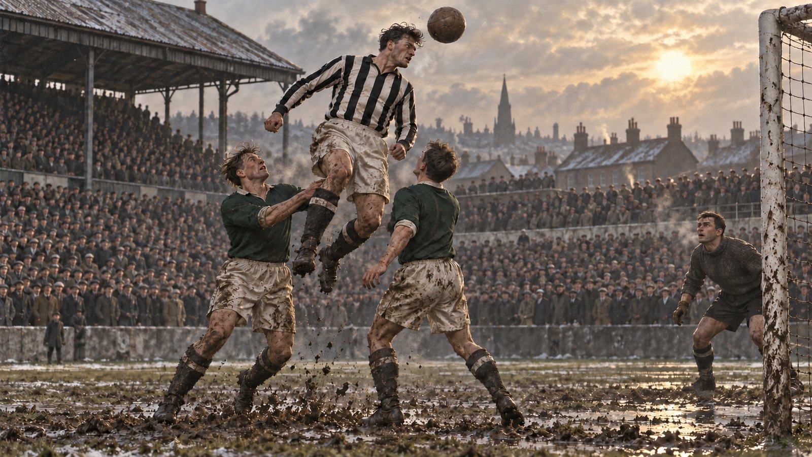 A fictional 1940s centre-forward rising above defenders before a packed Meadow Lane terrace