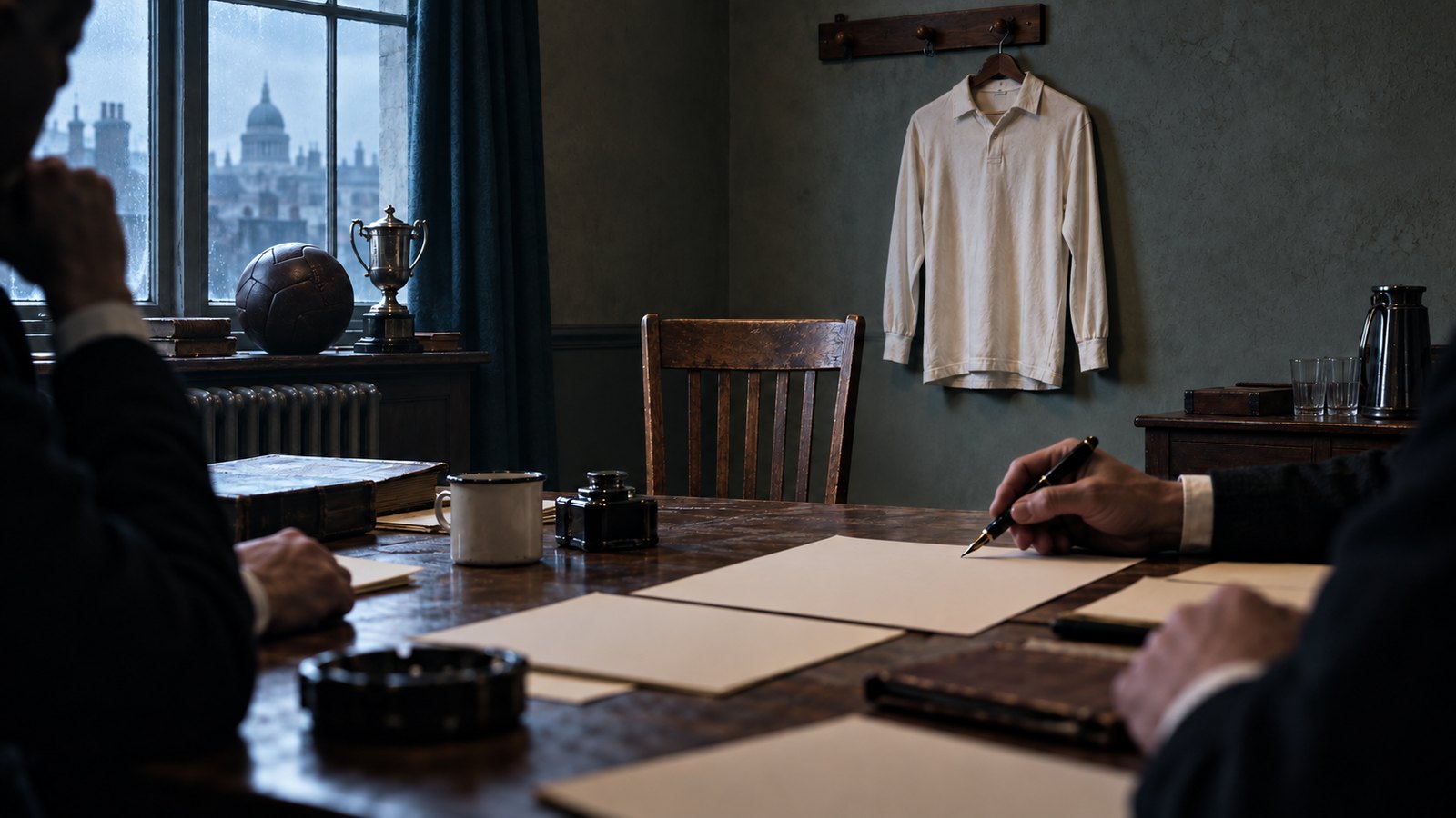 A fictional 1948 England selection room with a team sheet beside an unused centre-forward shirt