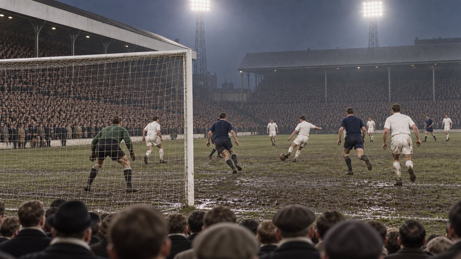A 1963 Tottenham side attacks under White Hart Lane floodlights