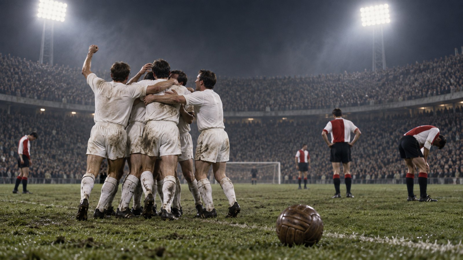 Plain white-shirted Tottenham players celebrate under Rotterdam floodlights