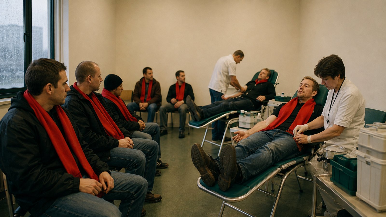 Wide editorial scene of east Berlin football supporters in red scarves waiting to donate blood in 2004