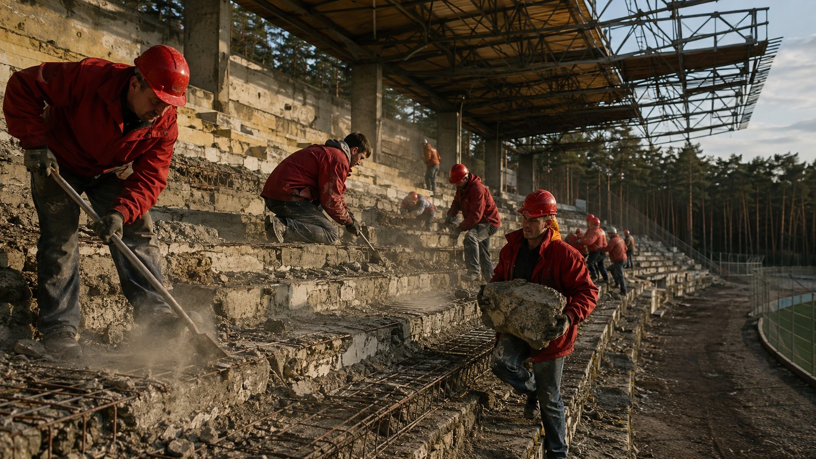 Wide 2008 stadium renovation scene with supporters in red hard hats scraping concrete terraces and carrying rubble