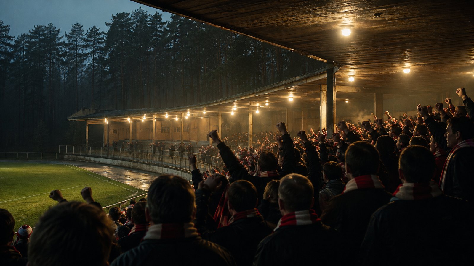 Wide evening view of a packed generic red-and-white standing football terrace beside dark forest trees