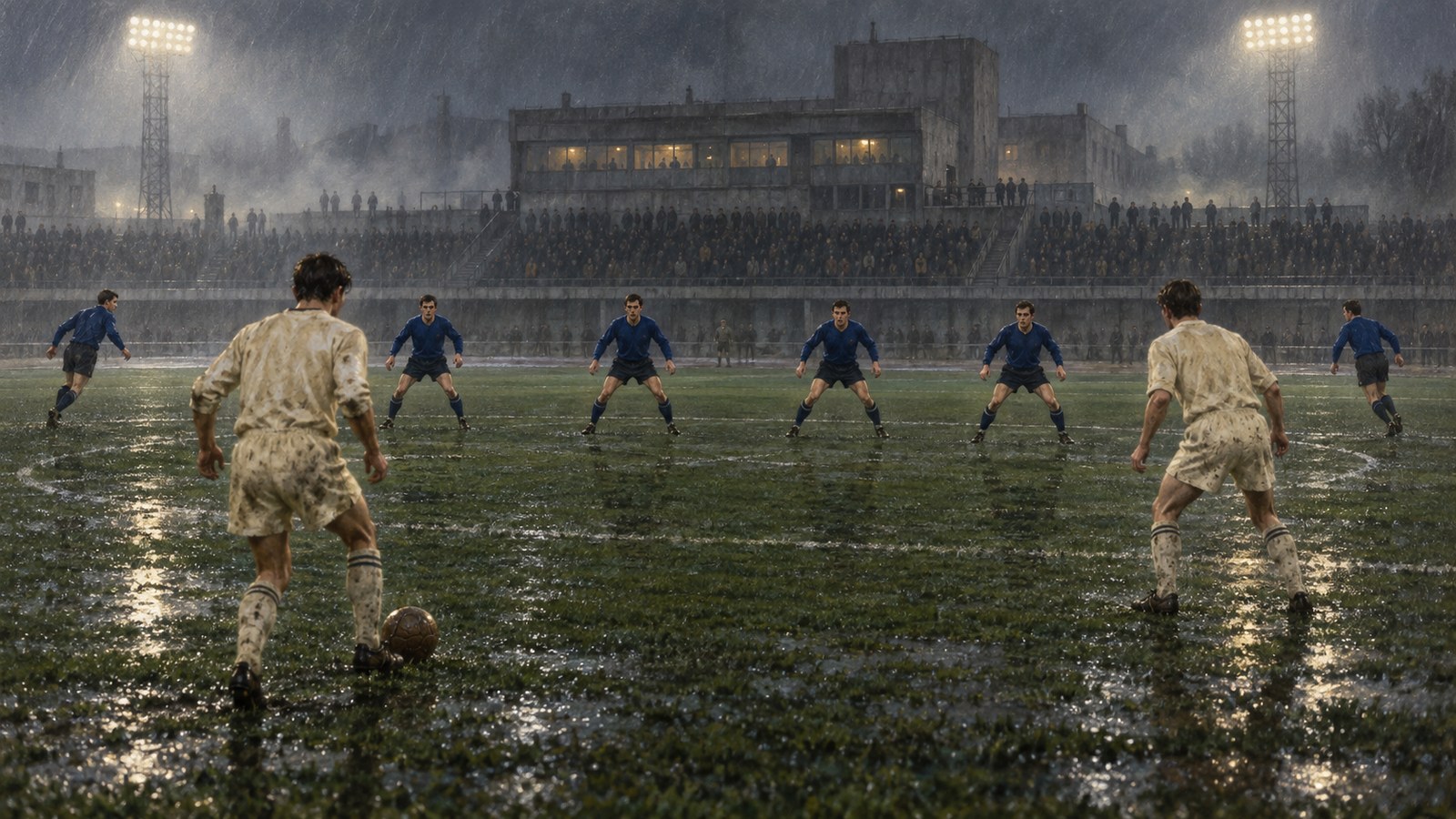 A fictional 1960s Dynamo Kyiv training session with two wide players retreating into a four-man midfield shape