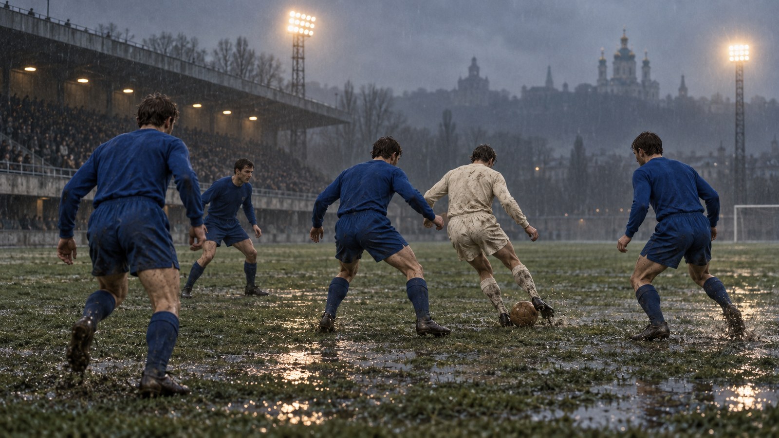 Four fictional midfielders pressing together on a rain-darkened Soviet-era training pitch