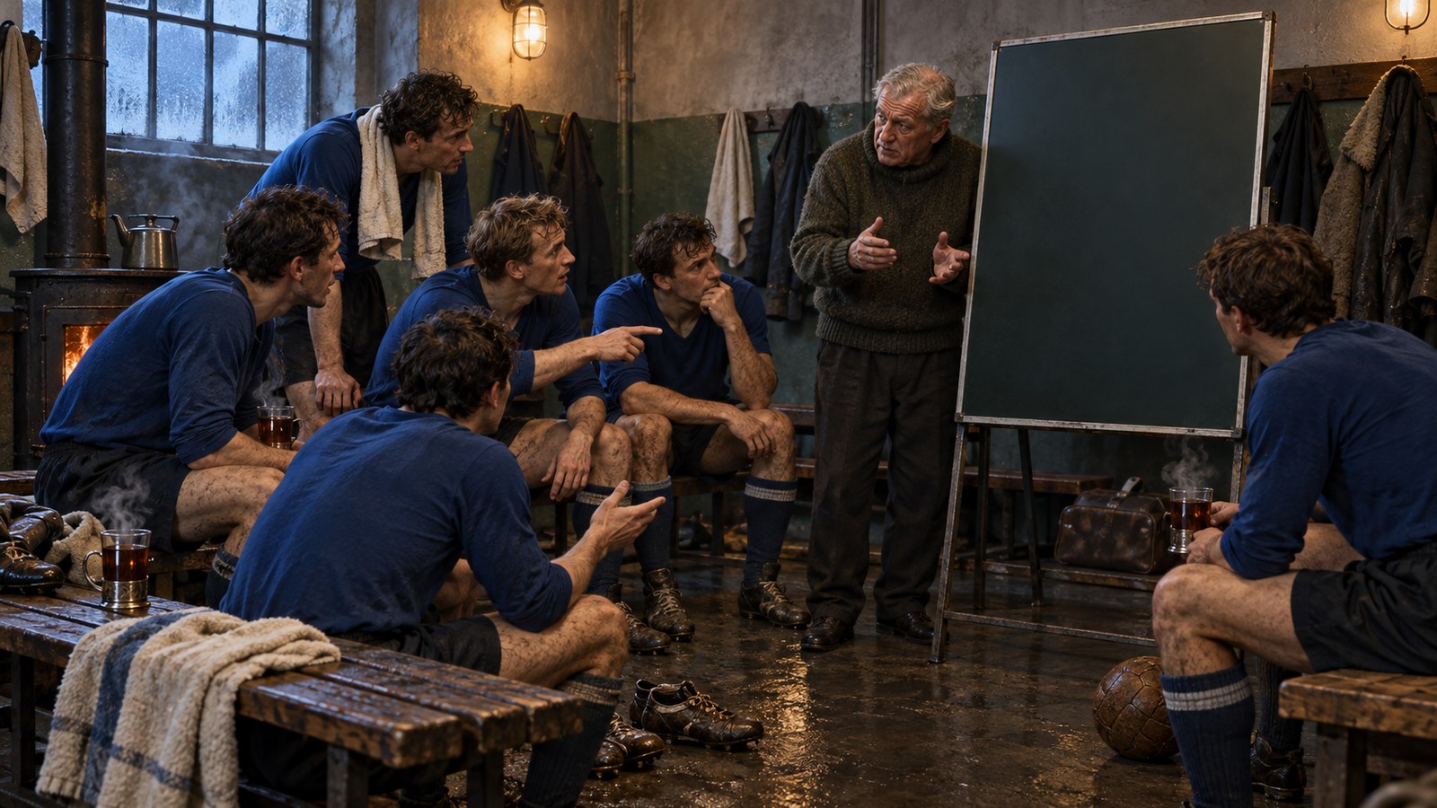 A fictional 1960s coach discussing a blank magnetic tactics board with players in a modest dressing room
