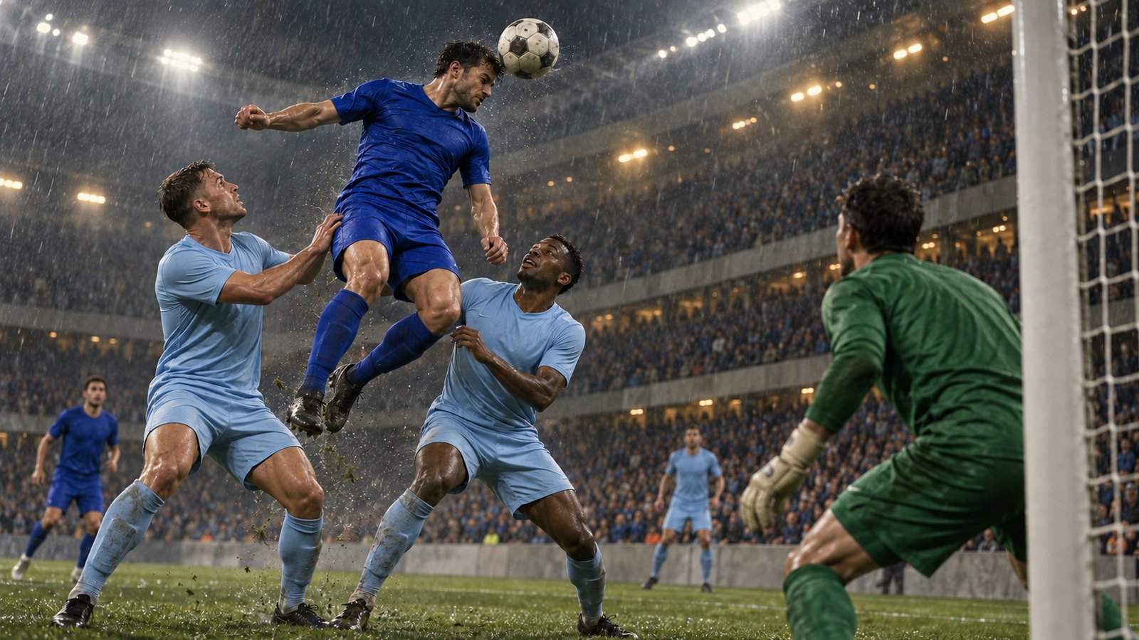 A substitute midfielder rising to head a late corner in a rain-darkened cup final