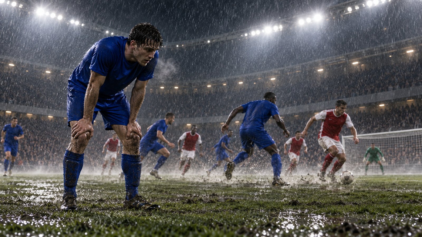 Tired cup winners defending under floodlights and heavy rain three nights after a final