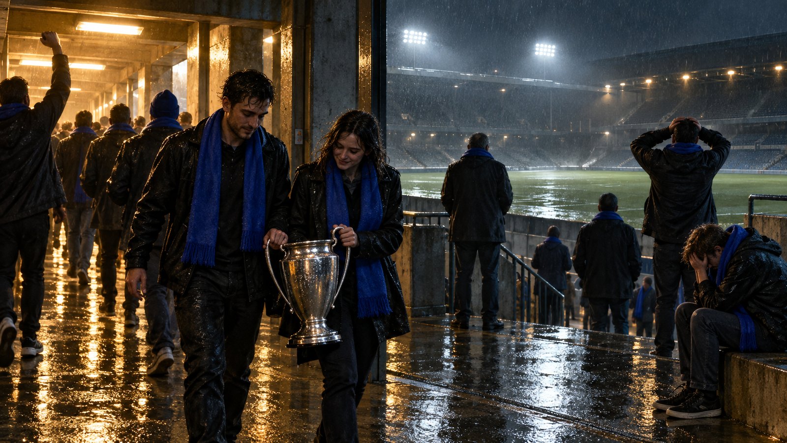 Supporters carrying a silver cup through rain while a league table board signals relegation