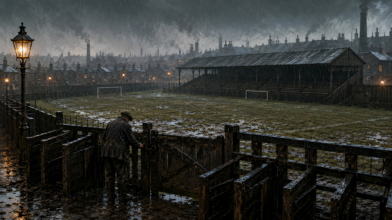 A rain-darkened Victorian football ground with closed wooden turnstiles and an empty pitch