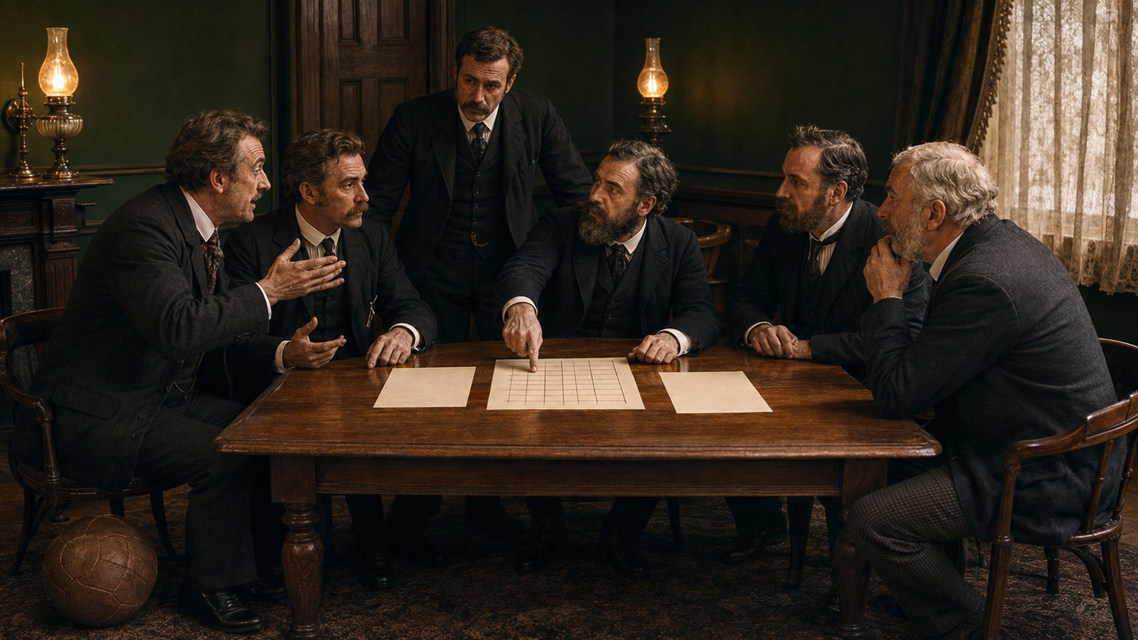 Victorian football club delegates studying a handwritten fixture proposal around a hotel table