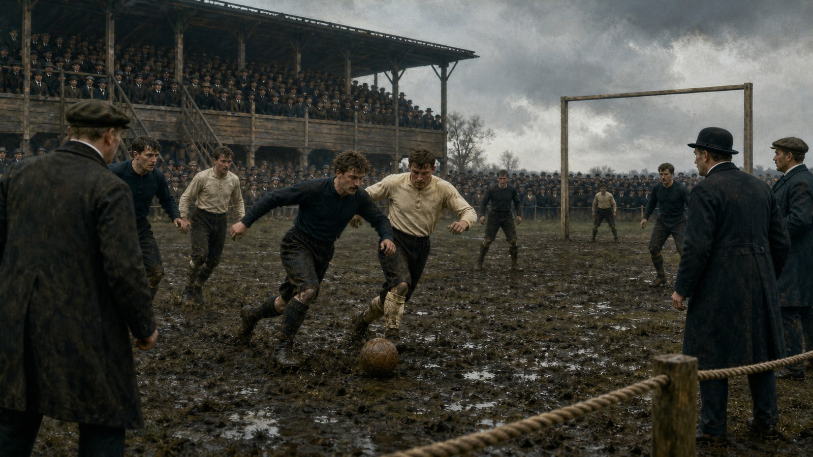 Victorian footballers beginning an 1888 league match before a packed wooden grandstand