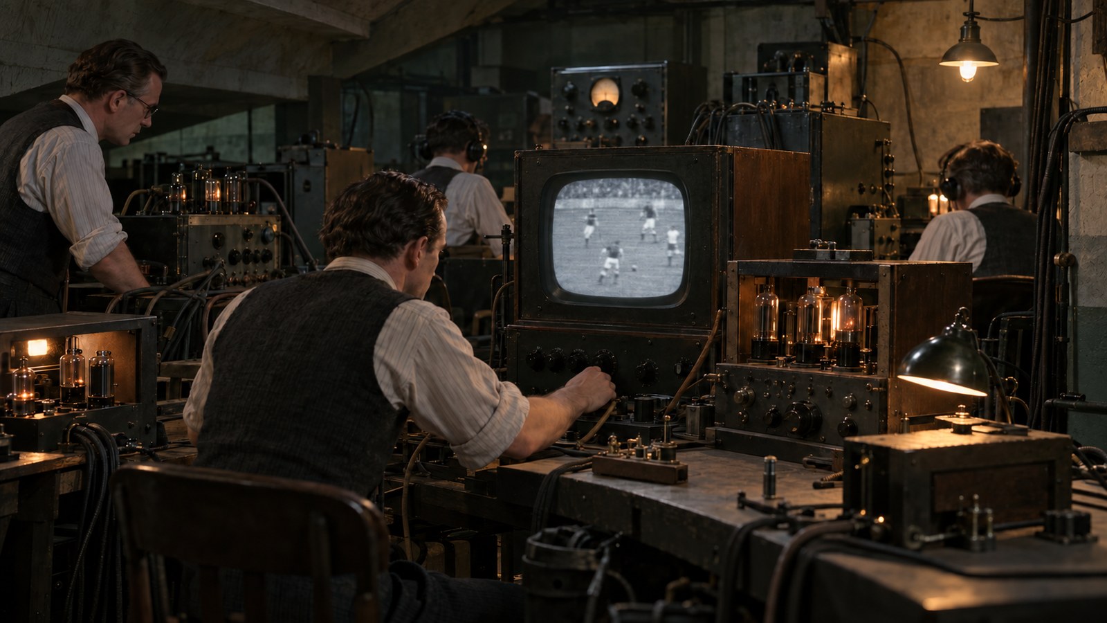 Engineers monitor an early low-resolution football broadcast in a temporary 1937 control room