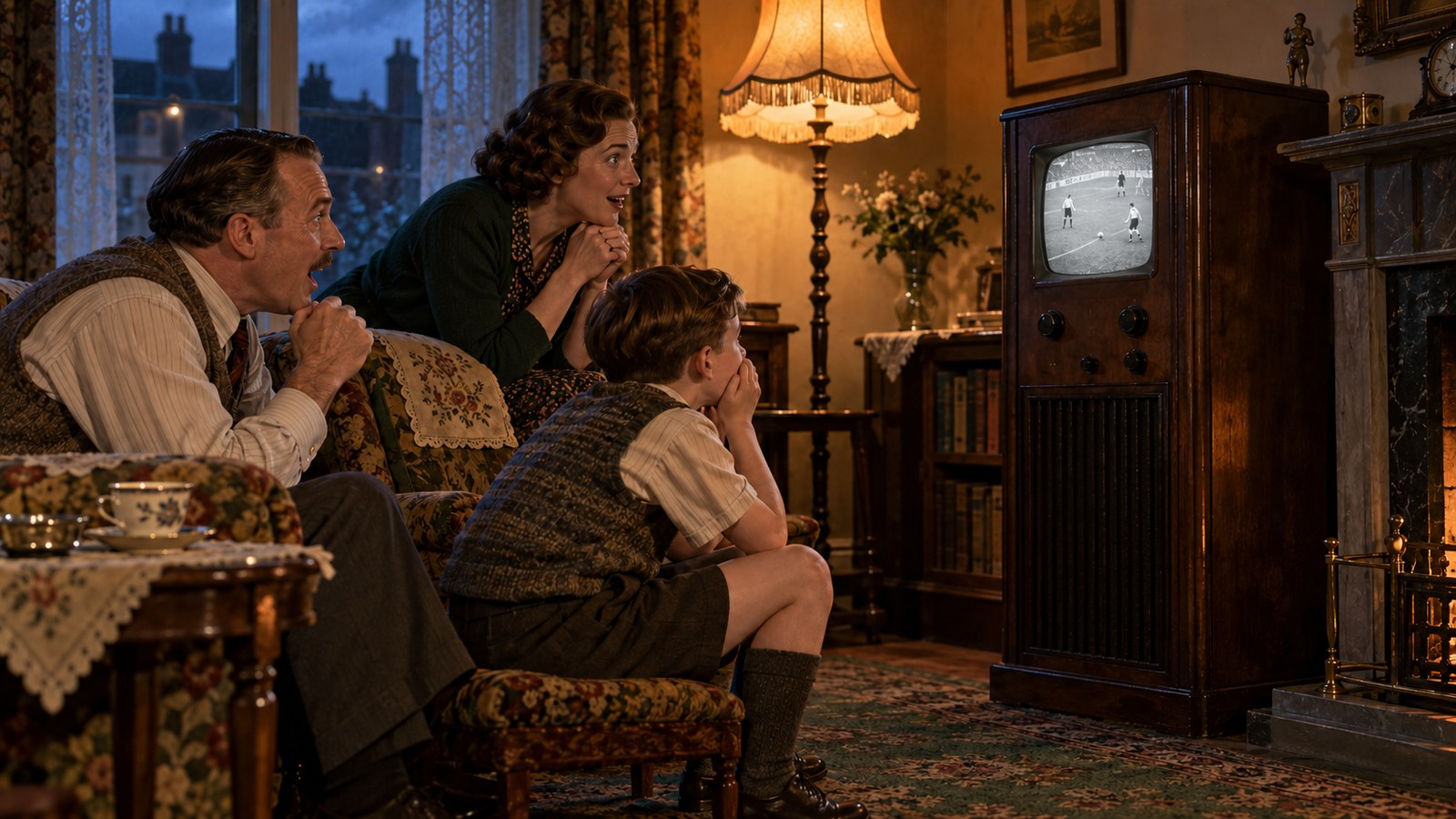 A fictional family watches football on a small pre-war television receiver in 1937