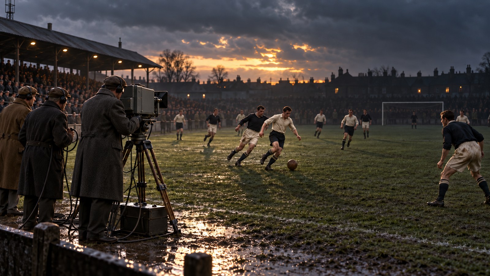 An early outside-broadcast camera records a football match as daylight fades in 1946