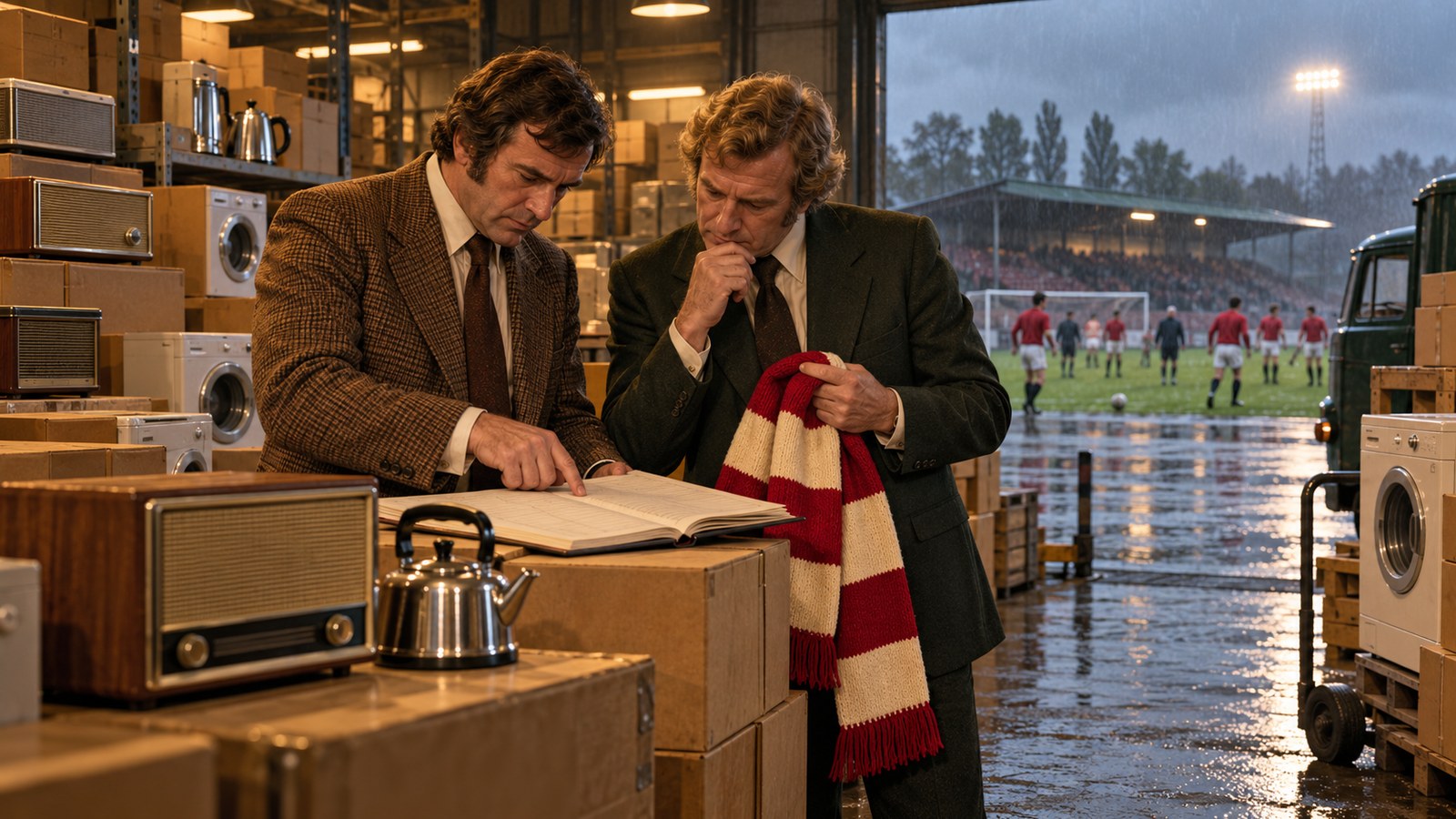 A fictional early-1970s football club rescue discussed inside a household-goods warehouse