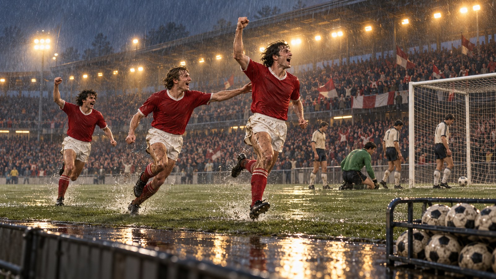 Fictional deep-red-shirted players celebrate another goal in a dominant Dutch league season