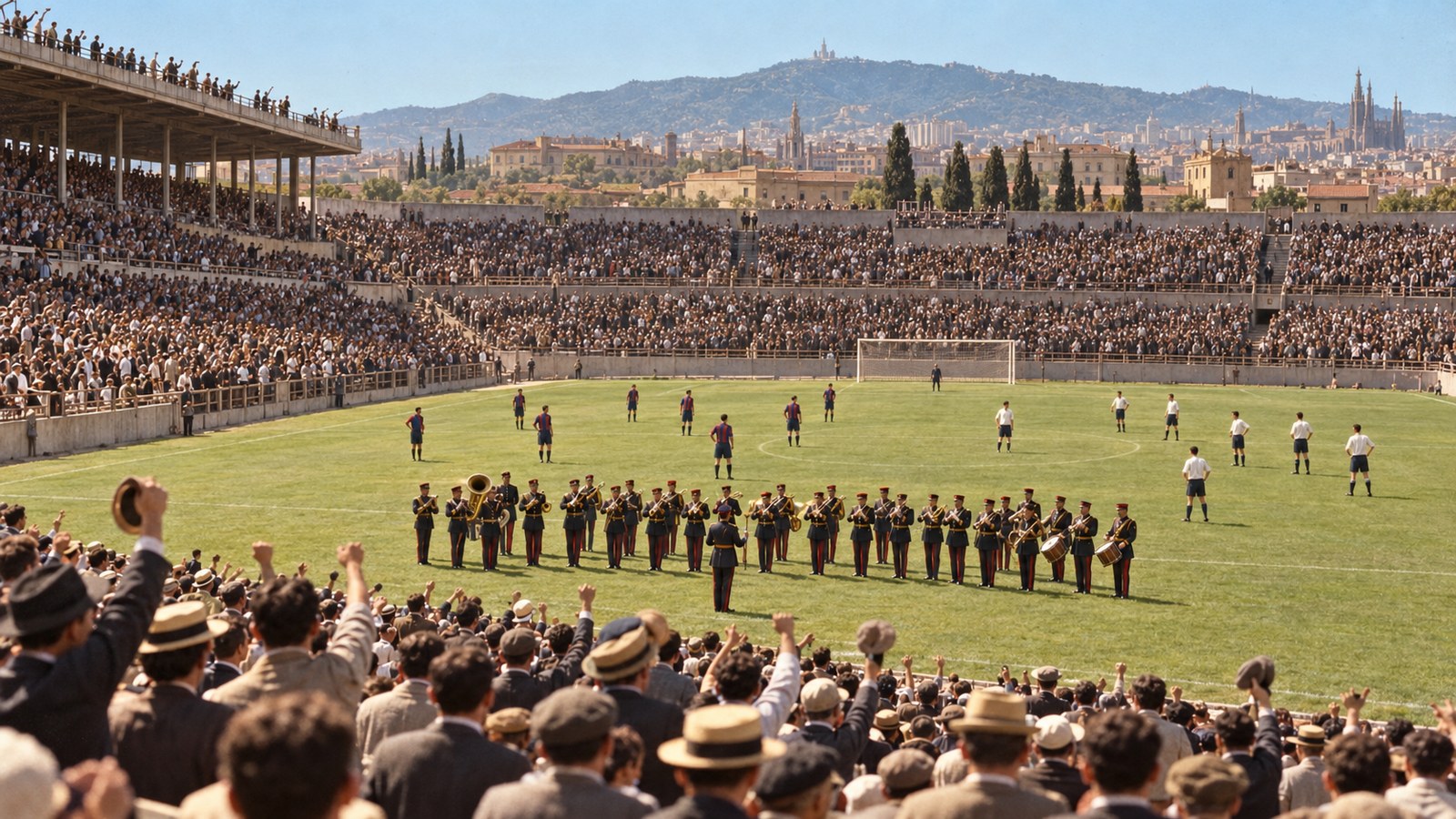 A 1925 military band stands on the Les Corts pitch while a packed Barcelona terrace reacts
