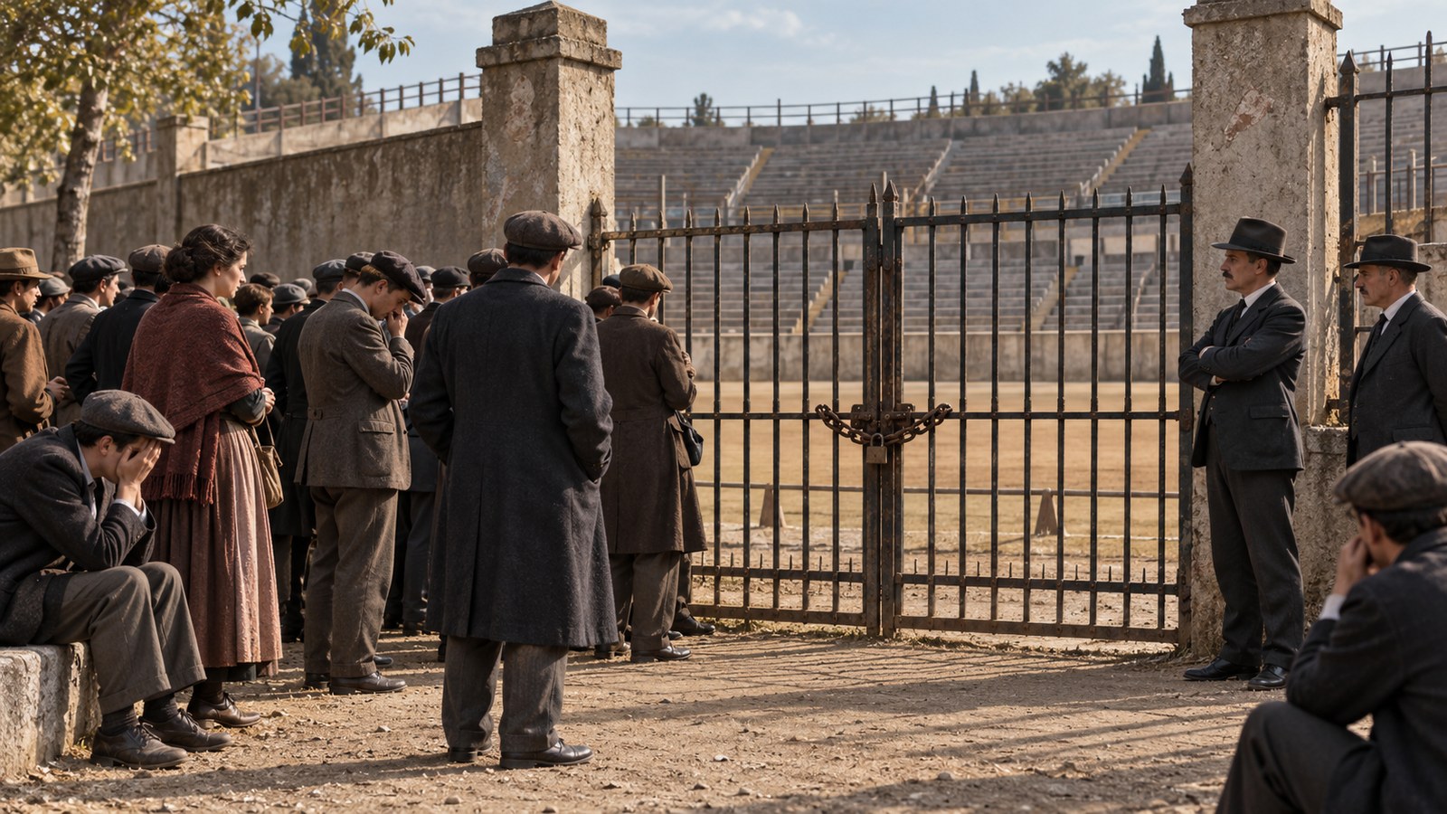 Locked iron gates outside Les Corts in 1925 as supporters gather under government closure notices without readable text