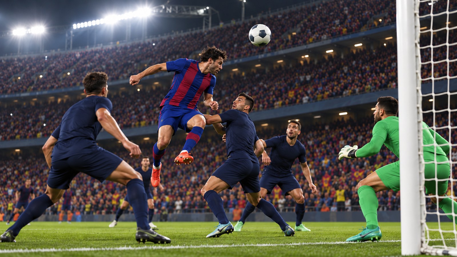 A fictional striped footballer attacks a header in a crowded floodlit penalty area