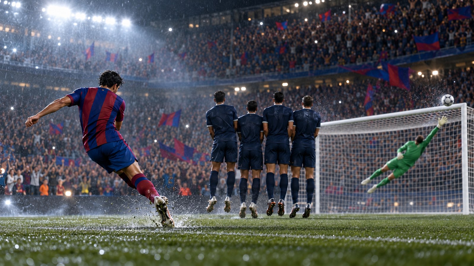 A fictional striped footballer takes a free kick against a dark-navy defensive wall in heavy rain