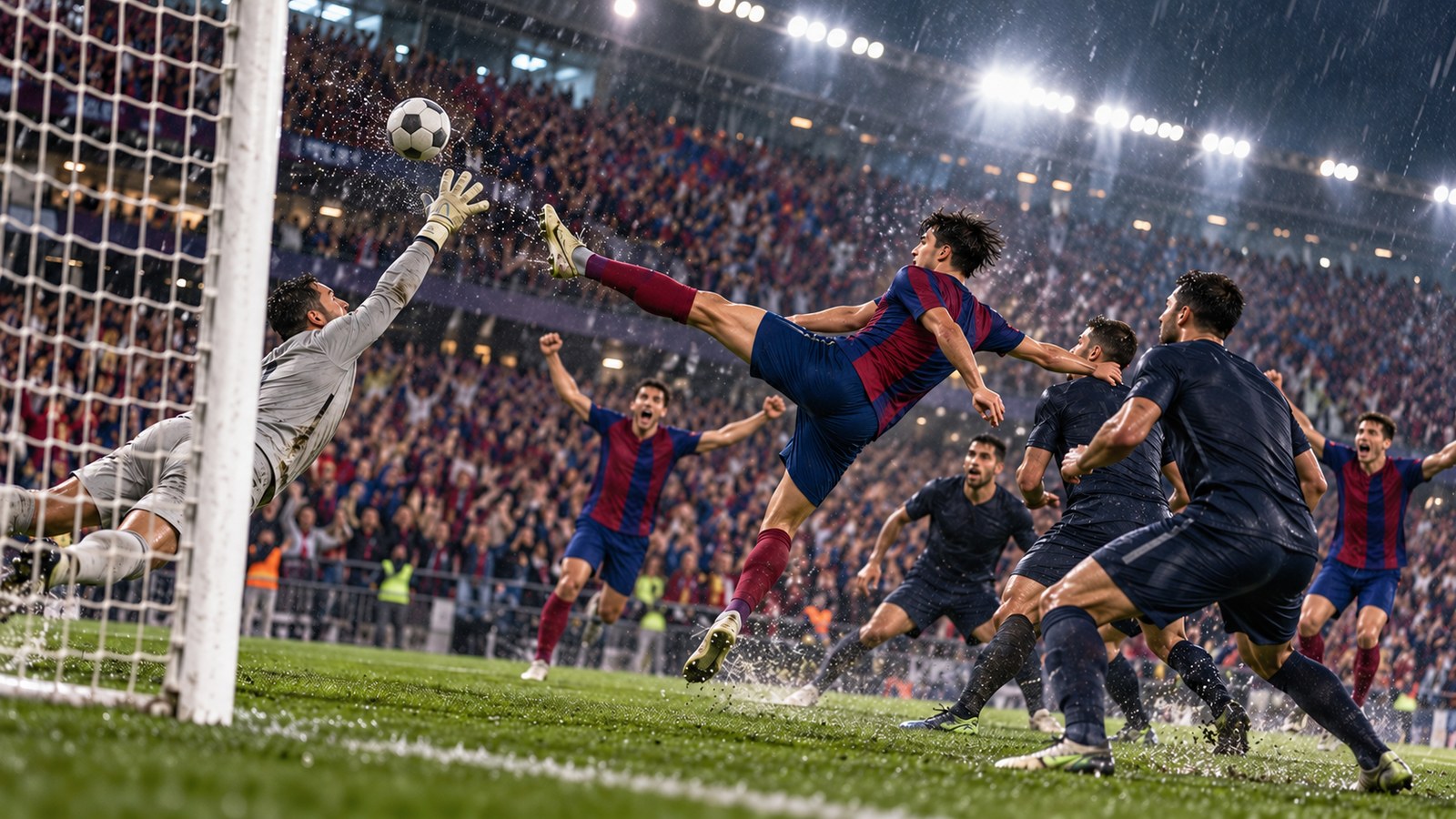 A fictional striped footballer stretches for an airborne finish in a crowded rain-soaked goalmouth