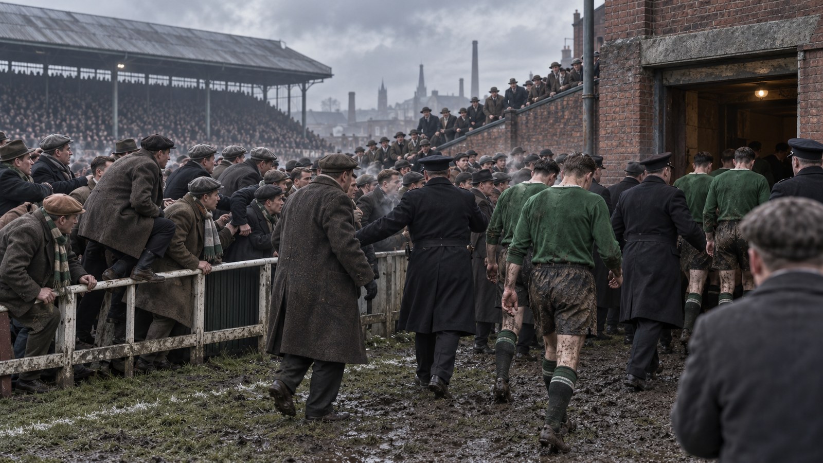 Players and officials trying to reach a narrow stadium tunnel after a tense Belfast derby in 1948