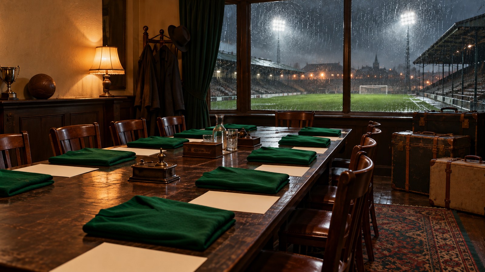 A nearly empty Celtic Park boardroom in spring 1949 with match papers and packed kit trunks