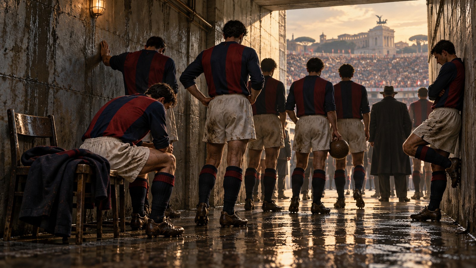 Bologna players in plain red and blue 1960s kits gather in a shadowed tunnel before the 1964 title playoff in Rome