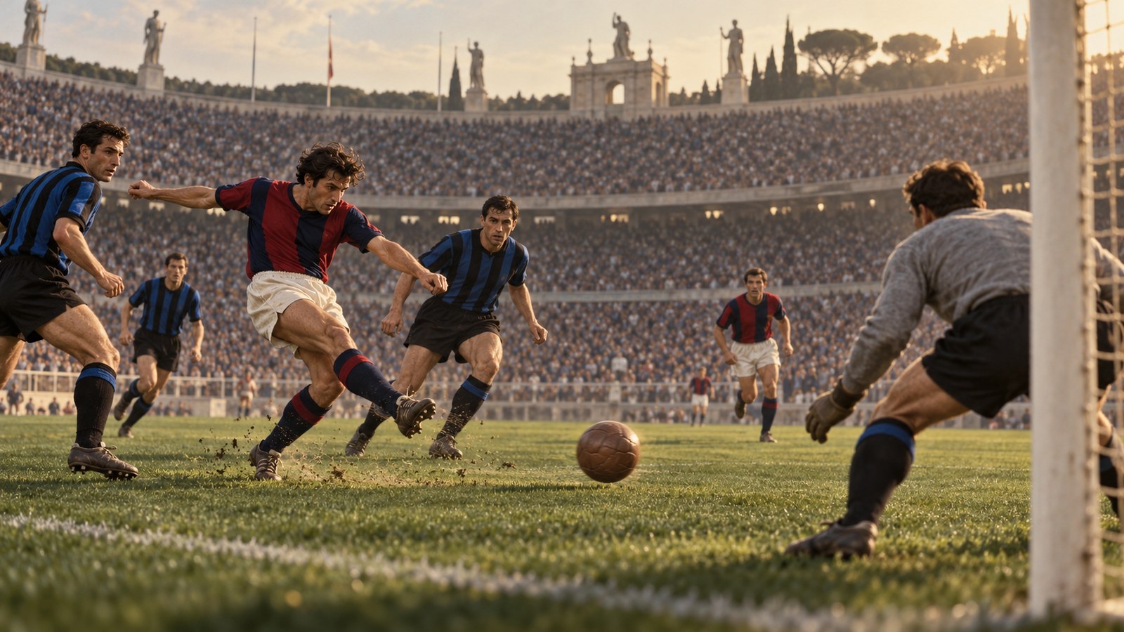 A fictional 1964 Bologna forward shoots toward goal during a tense championship playoff at Rome's Olympic stadium