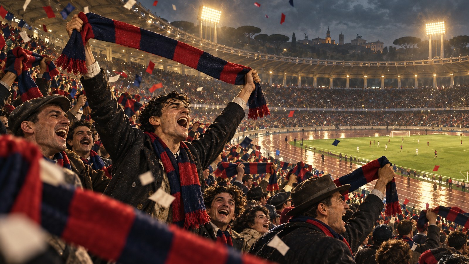 Bologna supporters in 1964 celebrate beneath stadium floodlights with plain red and blue scarves and no lettering