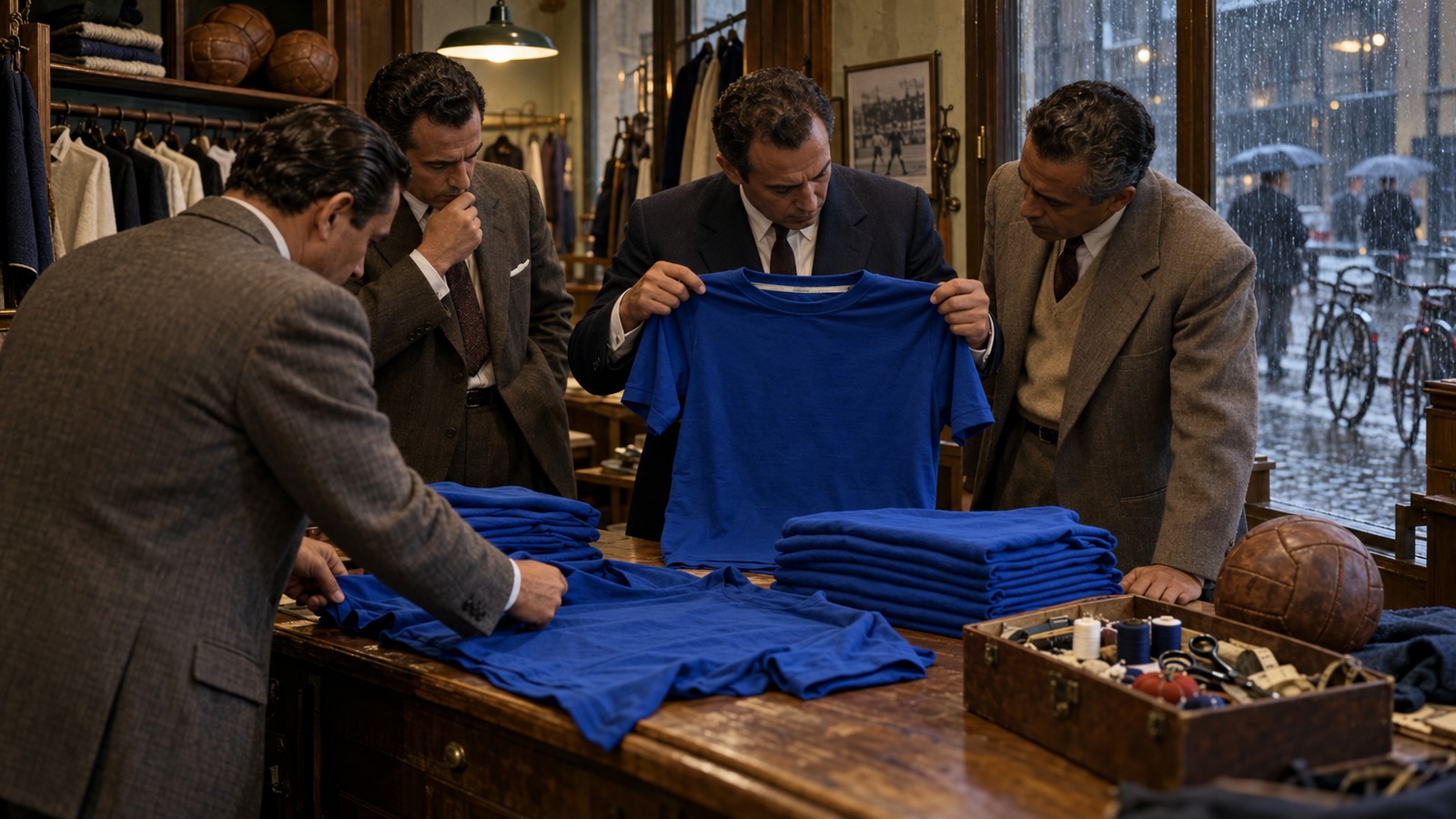 Brazilian team staff inspect plain blue shirts in a Stockholm shop before the 1958 World Cup final